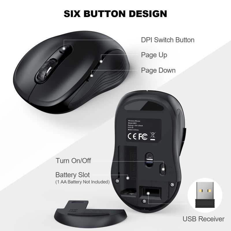 WisFox 2.4G Wireless Mouse for Laptop, Ergonomic Computer Mouse with USB Receiver and Type-C Adapter, 3 Adjustable Levels, 6 Button Cordless Wireless Mice for Windows Mac PC Notebook (Black) - Image 5